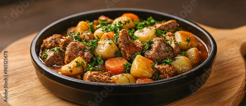 Delicious beef stew with tender meat and fresh vegetables, elegantly presented in a black bowl on a wooden surface.