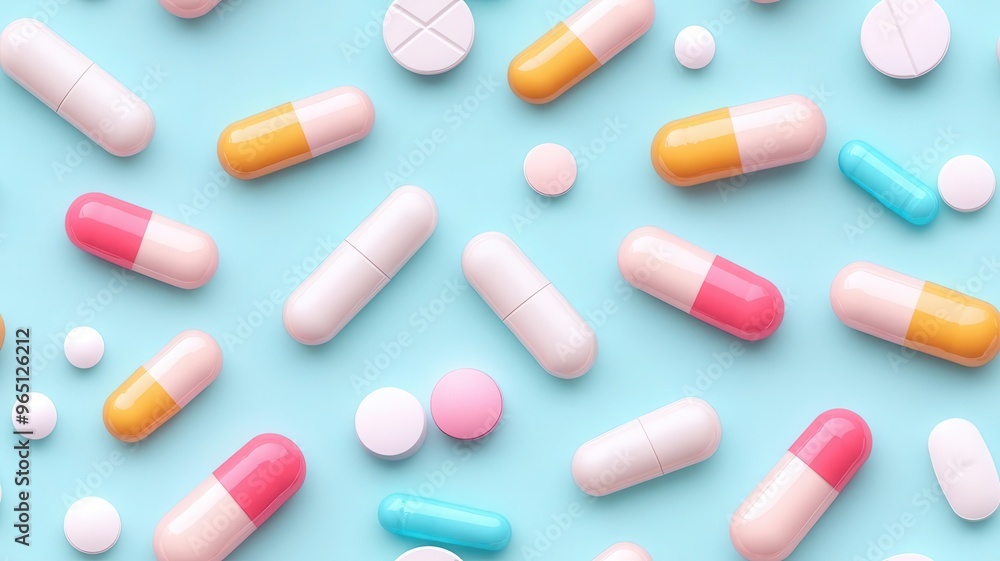 Geometric arrangement of 3D pills and vitamins in a seamless pattern, minimalistic style, clean lines Geometric arrangement of 3D pills and vitamins in a seamless pattern, minimalistic style, clean lines