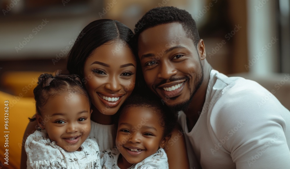 A happy black colored family with two children sitting on the sofa at home, laughing and playing together in the living room. High-quality, realistic photograph. A happy black colored family with two children sitting on the sofa at home, laughing and playing together in the living room. High-quality, realistic photograph.