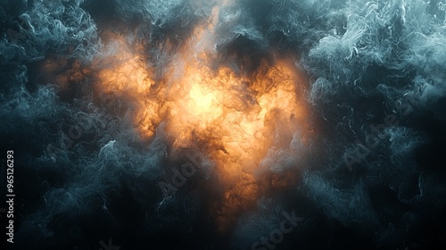 Abstract storm cloud formation with glowing fiery light at the center