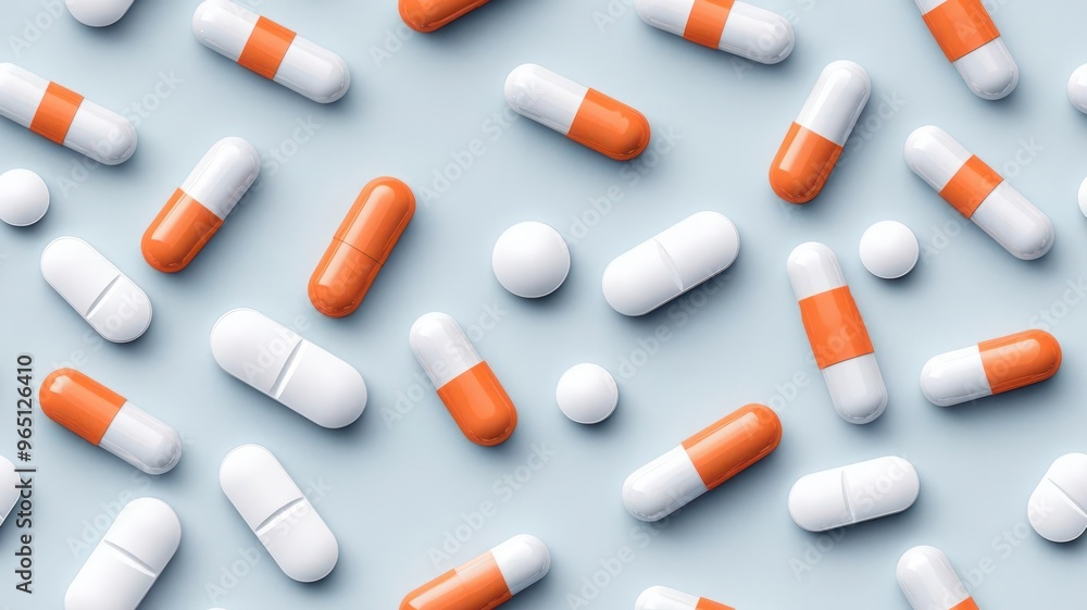 Geometric arrangement of 3D pills and capsules in a seamless pattern, sharp lines, high contrast, futuristic medical design Geometric arrangement of 3D pills and capsules in a seamless pattern, sharp lines, high contrast, futuristic medical design