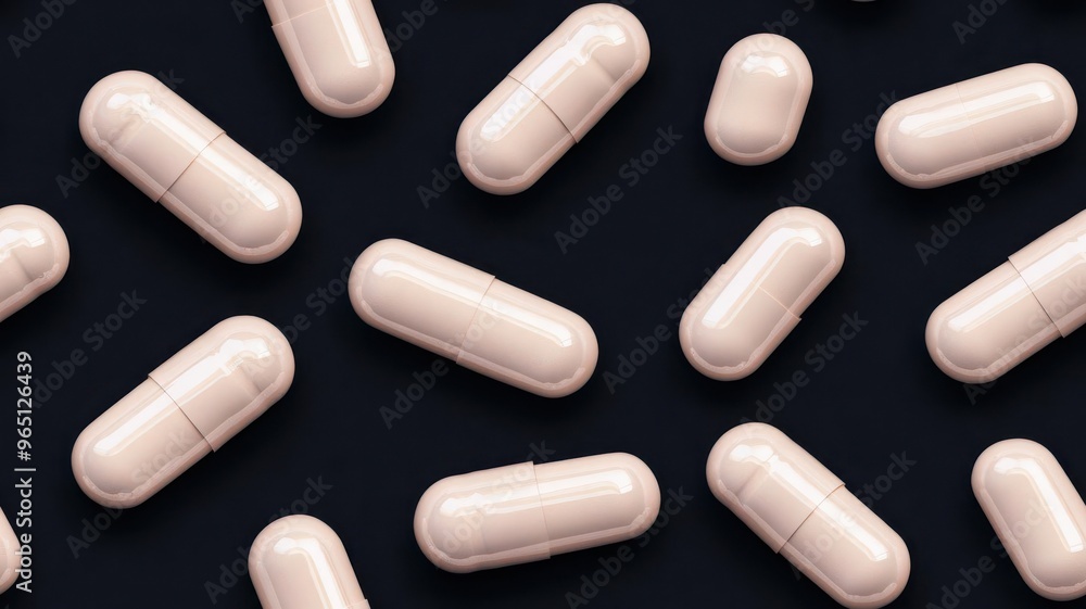 Glossy 3D pills in a seamless, reflective pattern on a black background, medicine, elegant, futuristic, perfect for highend pharmaceutical branding Glossy 3D pills in a seamless, reflective pattern on a black background, medicine, elegant, futuristic, perfect for highend pharmaceutical branding