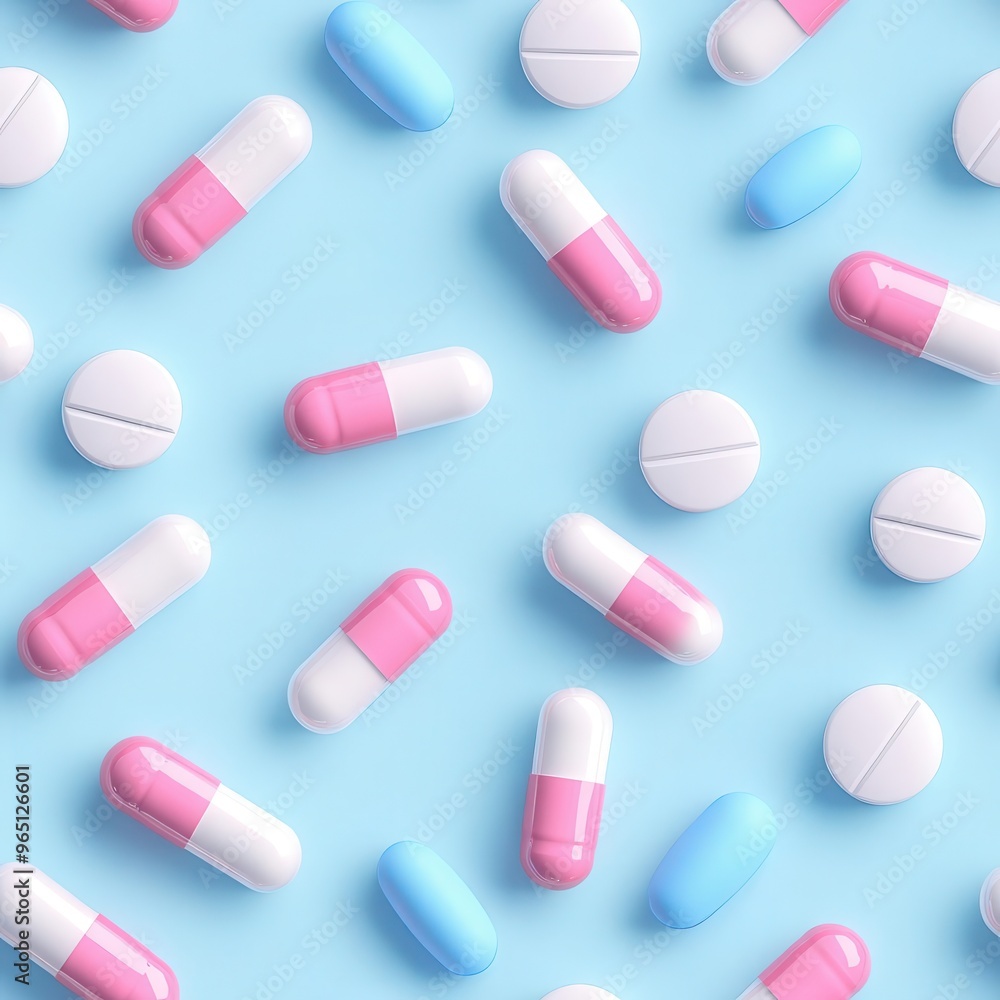 Isometric 3D pills and capsules in a seamless loop, vibrant colors, detailed texture, futuristic medical background