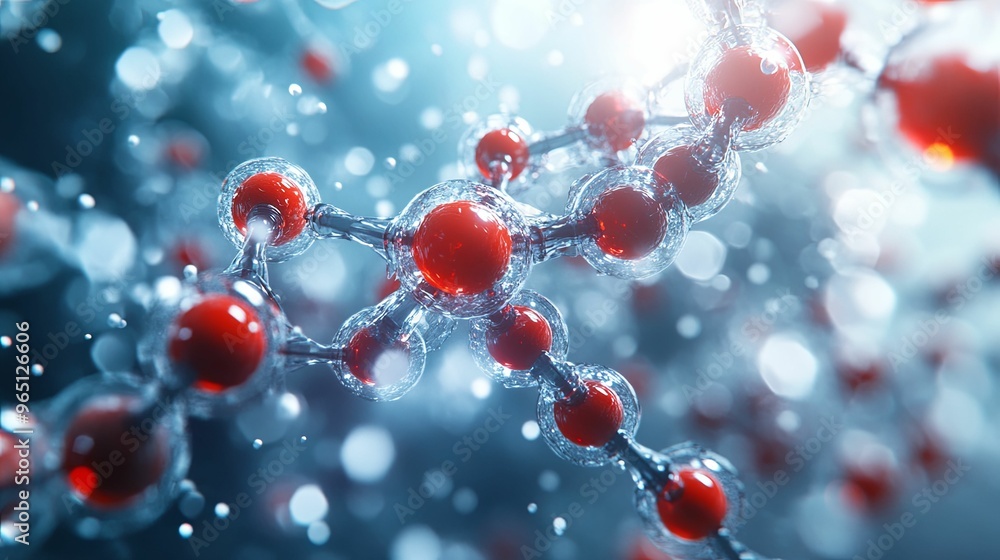 Red Spheres Connected by Clear Tubes in a Blue and White Bokeh Background Red Spheres Connected by Clear Tubes in a Blue and White Bokeh Background