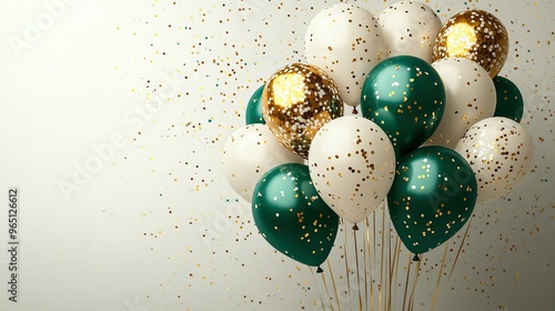 Green and Gold Confetti Balloons with White Background