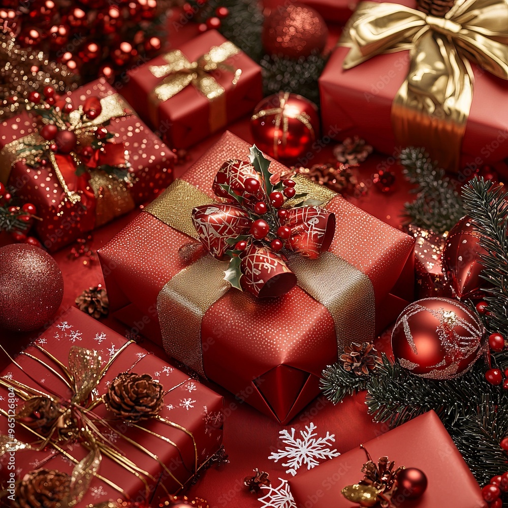 Red and gold Christmas presents with festive decorations and pinecones Red and gold Christmas presents with festive decorations and pinecones