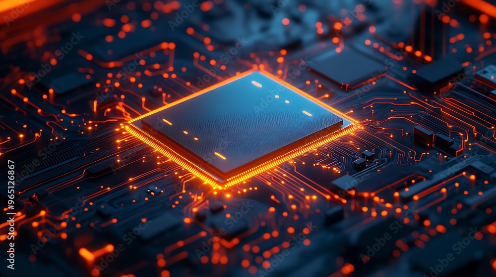 Close-up of a futuristic microchip on a glowing circuit board, illustrating advanced technology and innovation with vibrant blue and orange lighting. Close-up of a futuristic microchip on a glowing circuit board, illustrating advanced technology and innovation with vibrant blue and orange lighting.