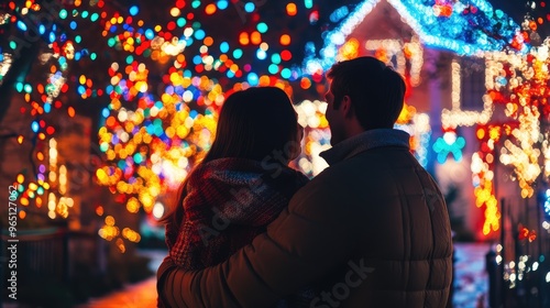 "Cozy Couple in Matching Sweaters Enjoying a Christmas Evening by the Tree"