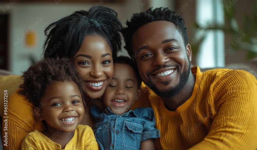 A happy black colored family with two children sitting on the sofa at home, laughing and playing together in the living room. High-quality, realistic photograph. A happy black colored family with two children sitting on the sofa at home, laughing and playing together in the living room. High-quality, realistic photograph.
