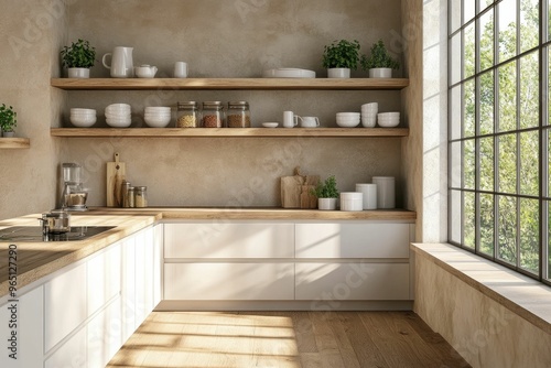 Modern kitchen with wooden shelves and natural light.