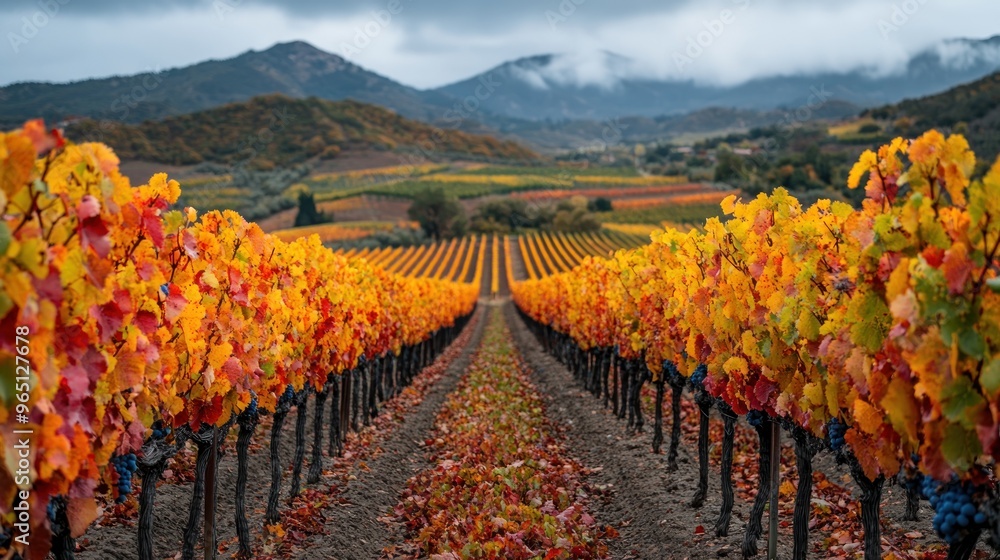 Naklejka premium Vibrant autumn vineyard landscape with colorful grapevines.