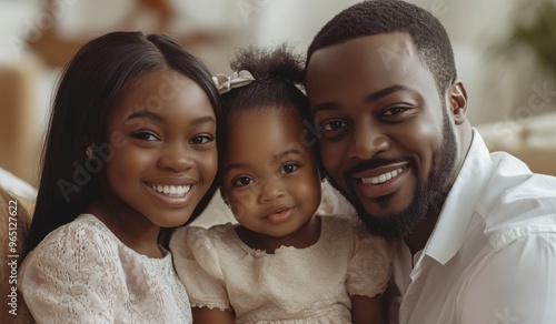 A happy black colored family with two children sitting on the sofa at home, laughing and playing together in the living room. High-quality, realistic photograph. 