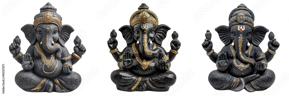 Set of Lord Ganesh idol made of black stone, Isolated on white or transparent background Set of Lord Ganesh idol made of black stone, Isolated on white or transparent background