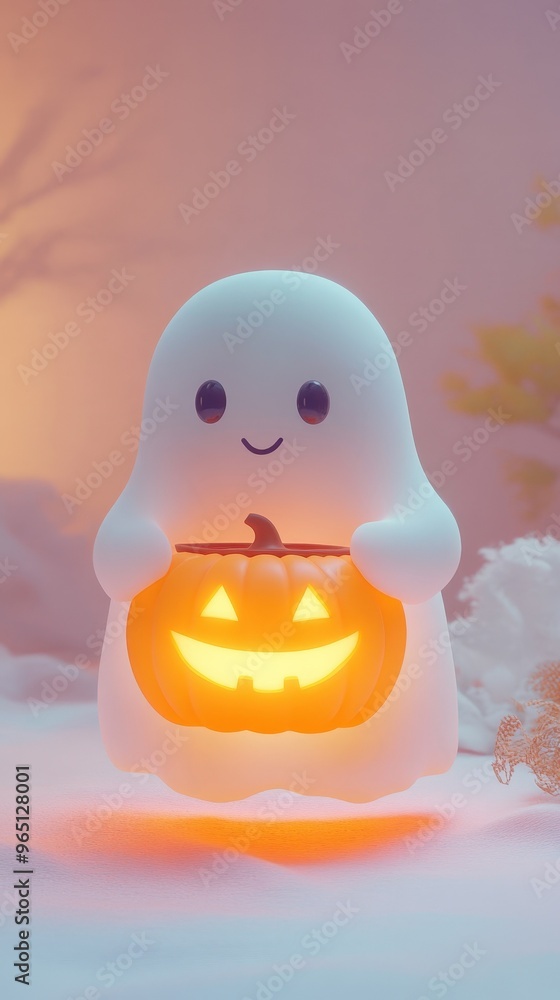 Adorable 3D ghost carrying a glowing pumpkin basket, floating on a light pastel background, soft and colorful Adorable 3D ghost carrying a glowing pumpkin basket, floating on a light pastel background, soft and colorful