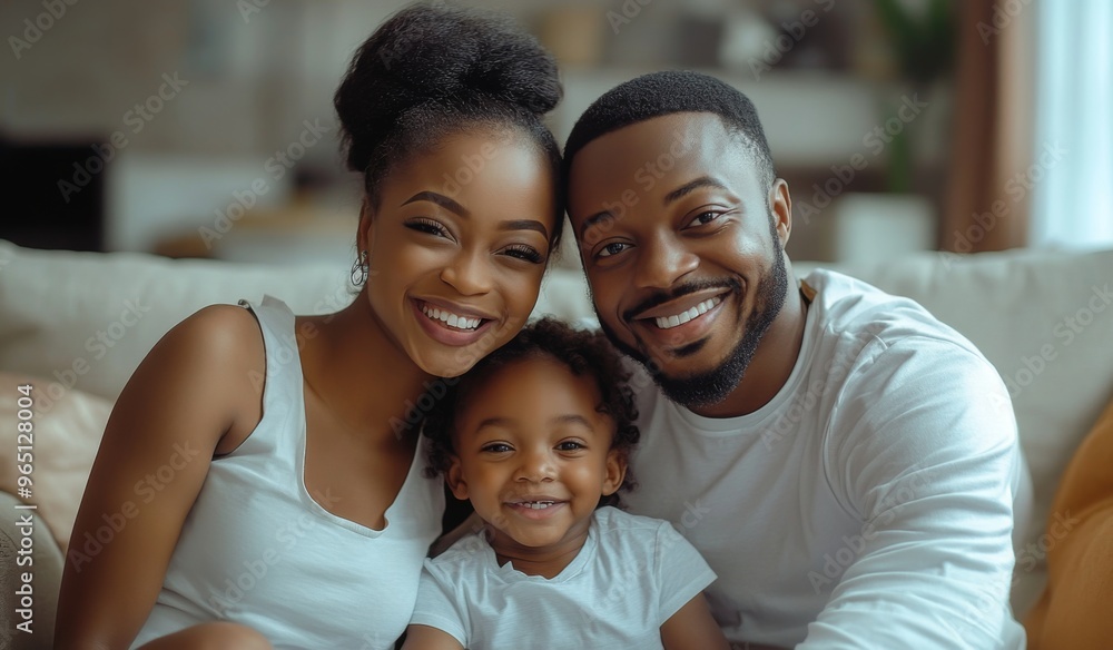 A happy black colored family with two children sitting on the sofa at home, laughing and playing together in the living room. High-quality, realistic photograph. A happy black colored family with two children sitting on the sofa at home, laughing and playing together in the living room. High-quality, realistic photograph.