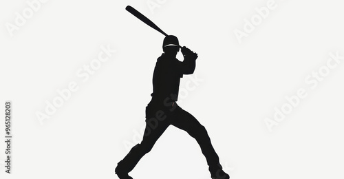 Dark silhouette of a baseball player swinging a bat against a white background, capturing the essence of the sport in motion photo