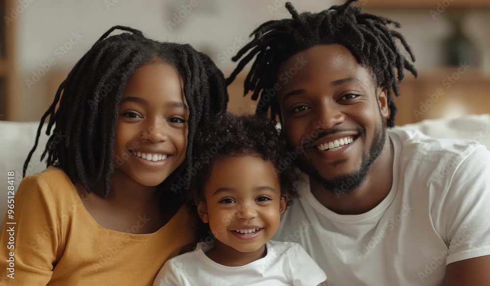 A happy black colored family with two children sitting on the sofa at home, laughing and playing together in the living room. High-quality, realistic photograph. A happy black colored family with two children sitting on the sofa at home, laughing and playing together in the living room. High-quality, realistic photograph.