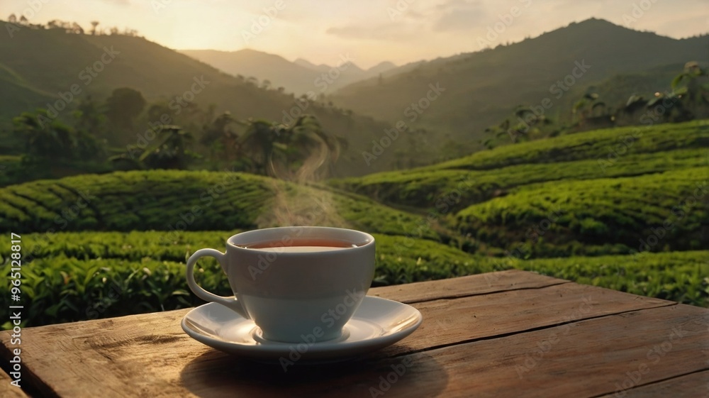 cup of tea on wooden table and beautiful tea plantation background. generative ai cup of tea on wooden table and beautiful tea plantation background. generative ai