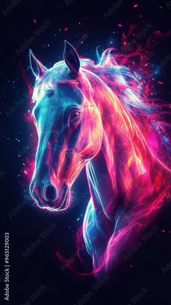 Digital art style, a futuristic horse with neon accents, sleek design, and vibrant colors in a dynamic composition. Digital art style, a futuristic horse with neon accents, sleek design, and vibrant colors in a dynamic composition.