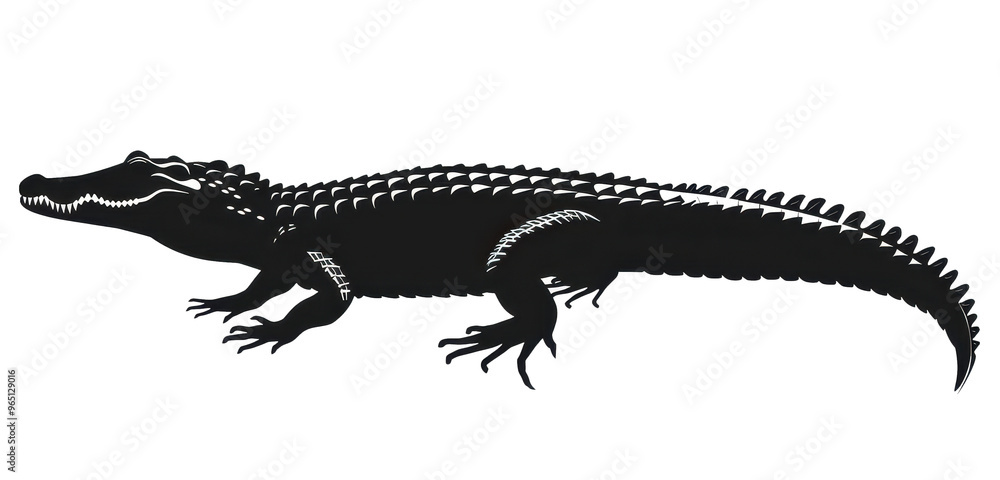 Naklejka premium Dark silhouette of a crocodile crawling across a plain white background during daylight hours