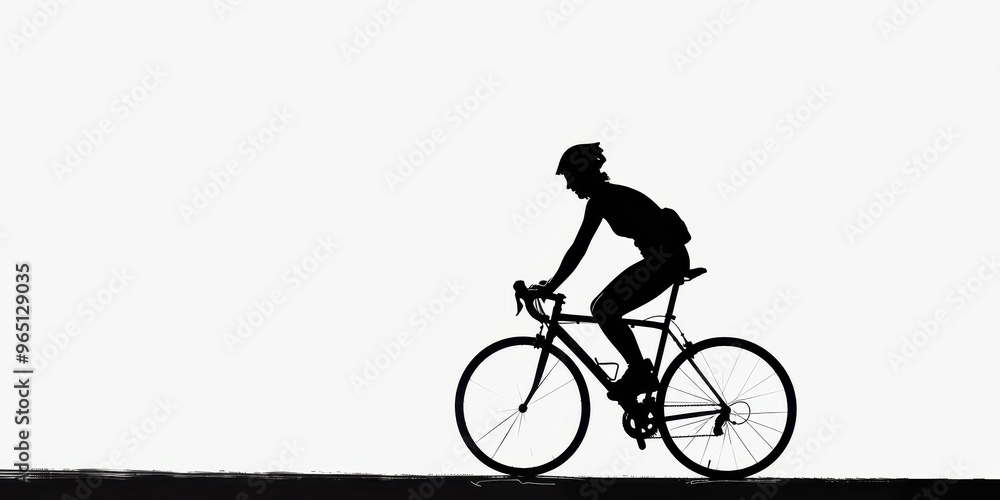 Fototapeta premium Dark silhouette of a cyclist pedaling against a stark white background during a leisurely ride
