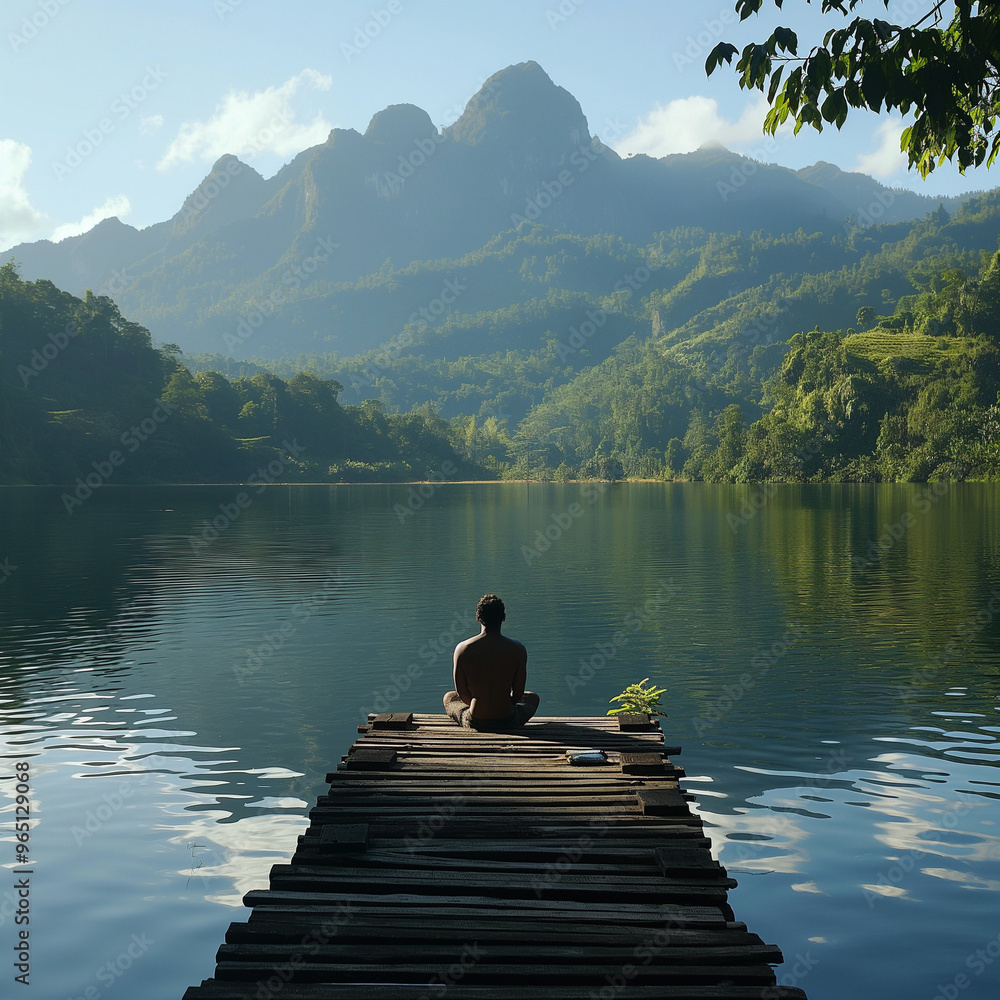 meditation on the lake, person sitting on a pier, person on the pier, A man sits on the edge of an ancient wooden dock, overlooking beautiful mountains and lush greenery surrounding a serene lake meditation on the lake, person sitting on a pier, person on the pier, A man sits on the edge of an ancient wooden dock, overlooking beautiful mountains and lush greenery surrounding a serene lake