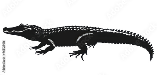 Dark silhouette of a crocodile crawling across a plain white background during daylight hours