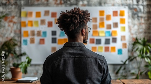 Visionary Planning: A focused businessman contemplates a wall covered in colorful sticky notes, symbolizing the brainstorming process of a creative project. 