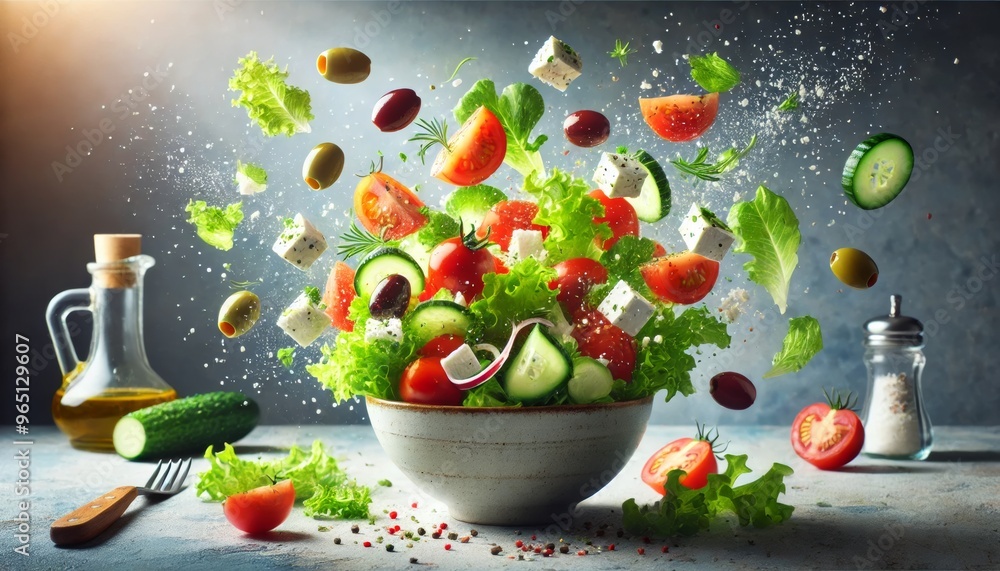 A dynamic image showing a Greek salad being tossed in a bowl, with fresh ingredients like lettuce, tomatoes, olives, cucumbers, and feta cheese mid-ai. A dynamic image showing a Greek salad being tossed in a bowl, with fresh ingredients like lettuce, tomatoes, olives, cucumbers, and feta cheese mid-ai.