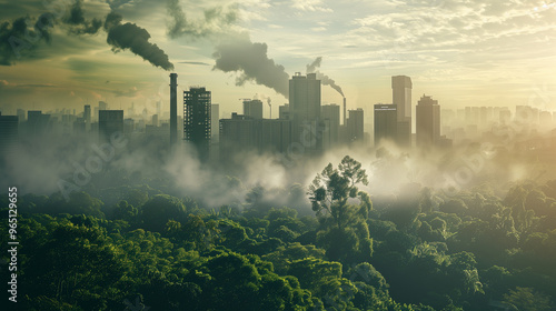 Aerial view of industrial power plant emitting smoke at sunrise, illustrating environmental impact and air pollution