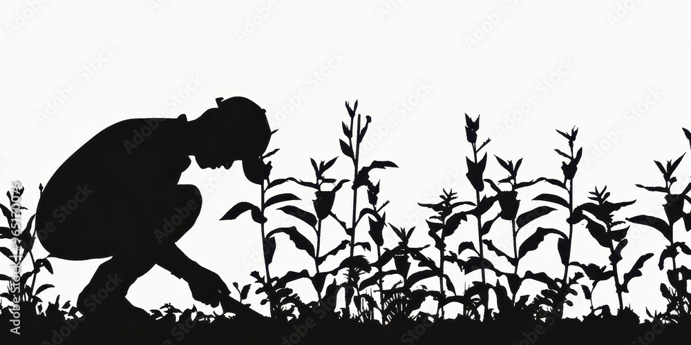 Fototapeta premium Gardener pruning plants in a simple dark silhouette on an isolated white background at dusk