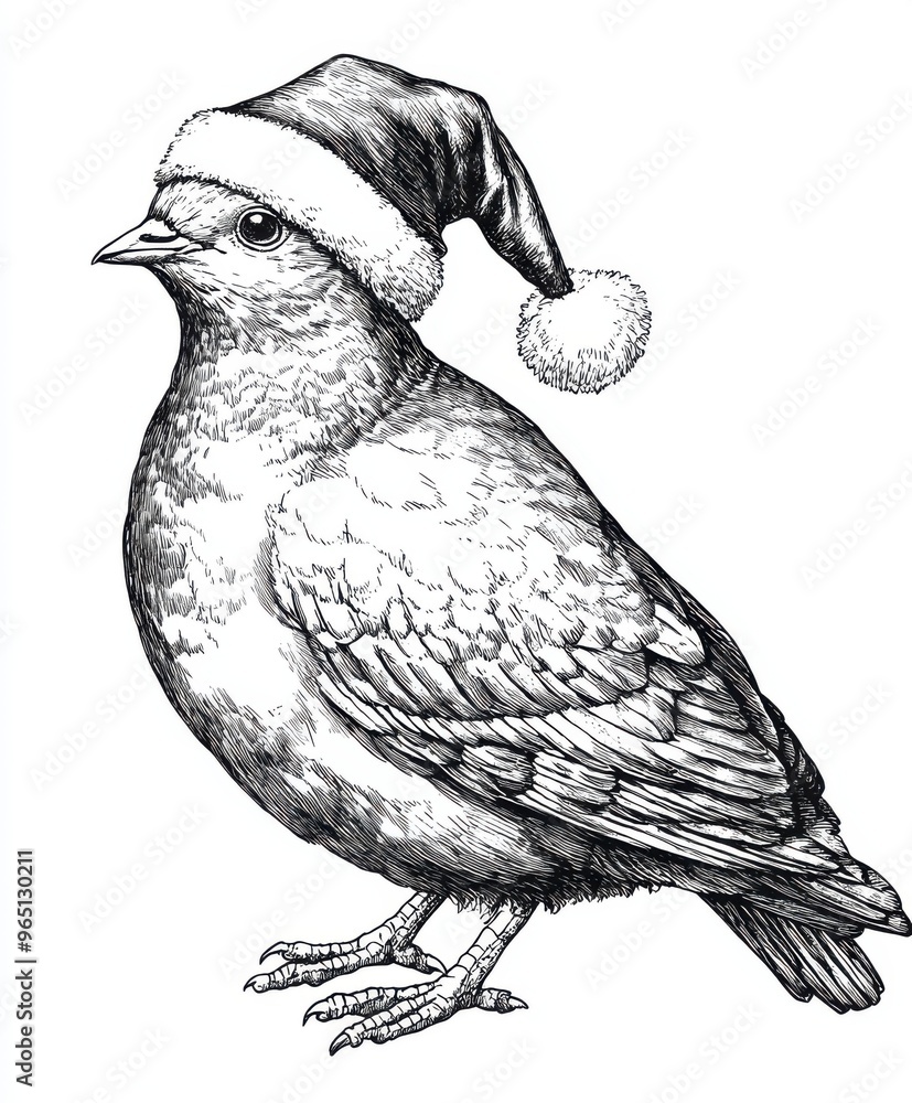 Fototapeta premium Black and white Vintage engraved art of a Dove with a Christmas Santa hat, isolated on white background, ink sketch illustration, simple vector art design, highly detailed line art, high contrasty 