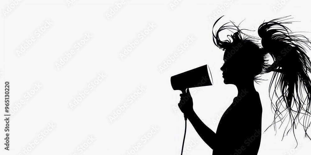 Silhouette of a hairstylist drying hair on a white background during a professional salon session Silhouette of a hairstylist drying hair on a white background during a professional salon session