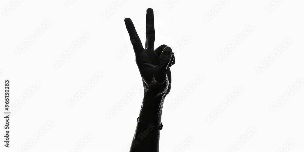 Fototapeta premium Dark silhouette of a hand making a peace sign against a white background, representing harmony and positivity