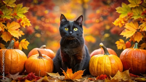 Adorable black cat lounges amidst vibrant orange pumpkins and rustling fall foliage on a spooky Halloween backdrop, photo