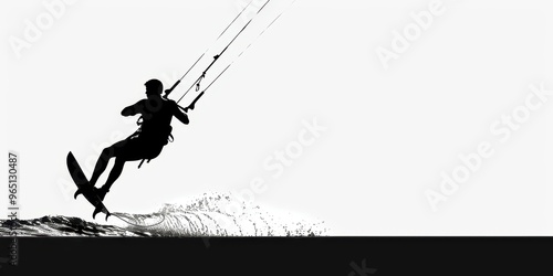 Dark silhouette of a kite surfer against a white background capturing the thrill of water sports at sunset