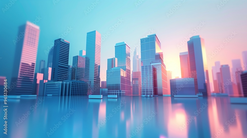 Fototapeta premium Stunning Modern Cityscape at Sunrise Illustration with Futuristic Skyscrapers and Reflections