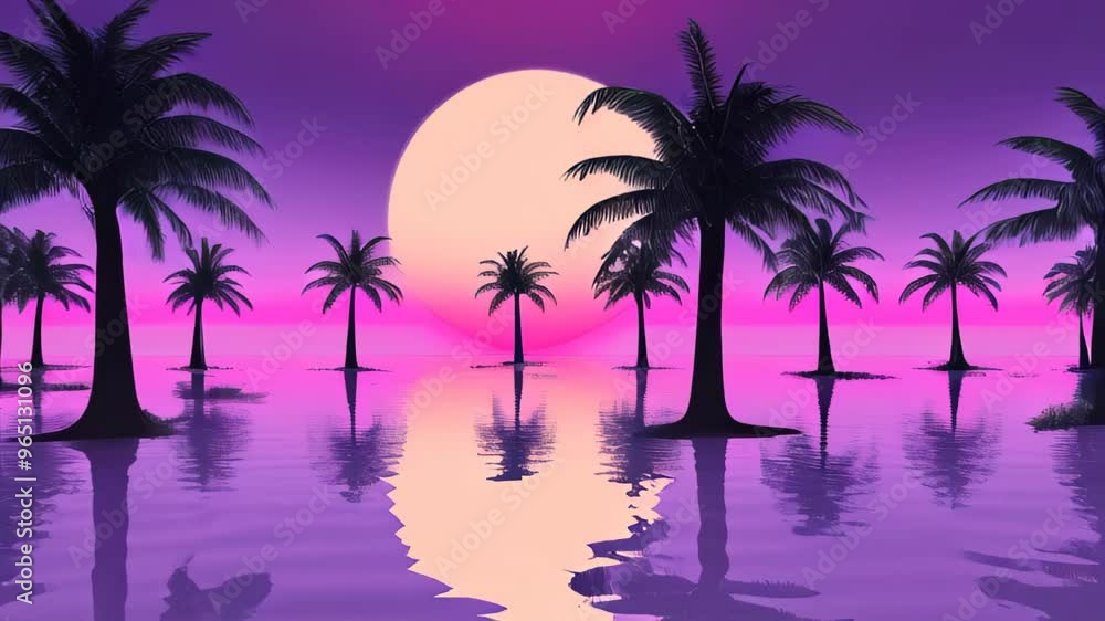 Tropical palm trees at sunset in a futuristic 80s style. Summer time, palm trees in synthwave and retrowave style. Design of advertising booklets and banners Tropical palm trees at sunset in a futuristic 80s style. Summer time, palm trees in synthwave and retrowave style. Design of advertising booklets and banners