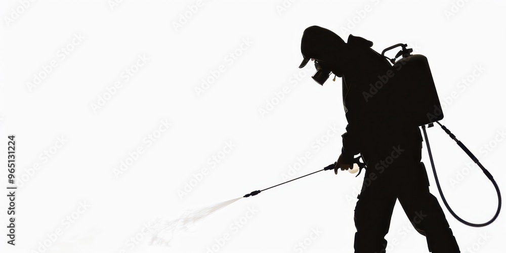Fototapeta premium Dark silhouette of a person disinfecting a surface against an isolated white background during a health and safety precaution