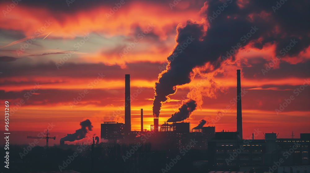 Factory smokestacks releasing pollution into the air during a foggy morning Factory smokestacks releasing pollution into the air during a foggy morning