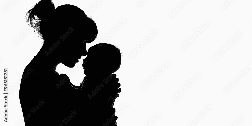 Silhouette of a person tenderly holding a baby against a simple white background, capturing love and connection in a serene moment Silhouette of a person tenderly holding a baby against a simple white background, capturing love and connection in a serene moment