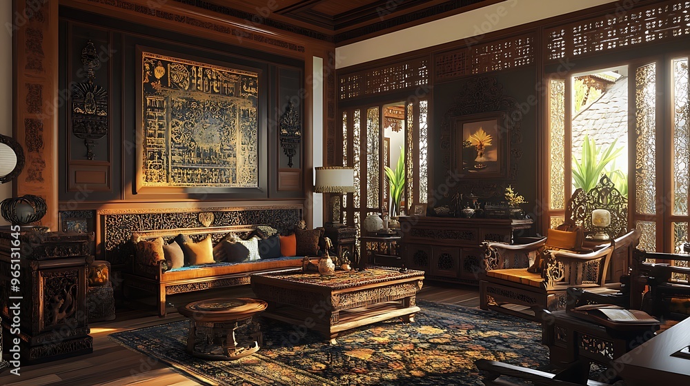 Javanese Ethnic Living Room with Traditional Wooden Furniture, Intricate Carvings, and Batik Textiles for a Warm and Cultural Space Javanese Ethnic Living Room with Traditional Wooden Furniture, Intricate Carvings, and Batik Textiles for a Warm and Cultural Space