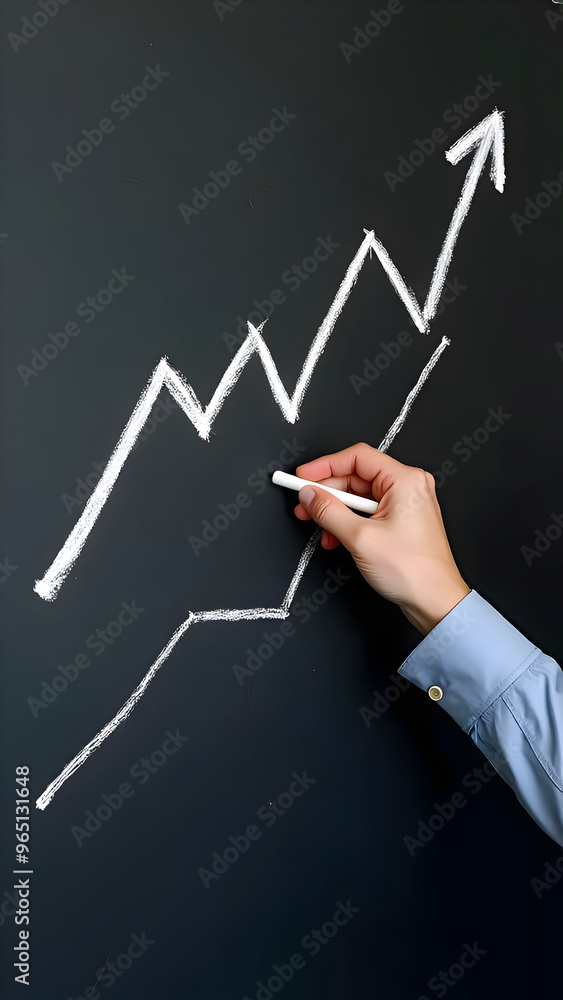 Hand Drawing Upward Trend Line on Chalkboard Symbolizing Economic Growth Hand Drawing Upward Trend Line on Chalkboard Symbolizing Economic Growth