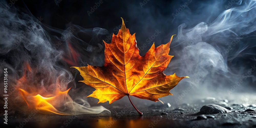 A fiery autumn leaf blazes against a midnight sky, its flames engulfing the darkness as thick smoke swirls A fiery autumn leaf blazes against a midnight sky, its flames engulfing the darkness as thick smoke swirls