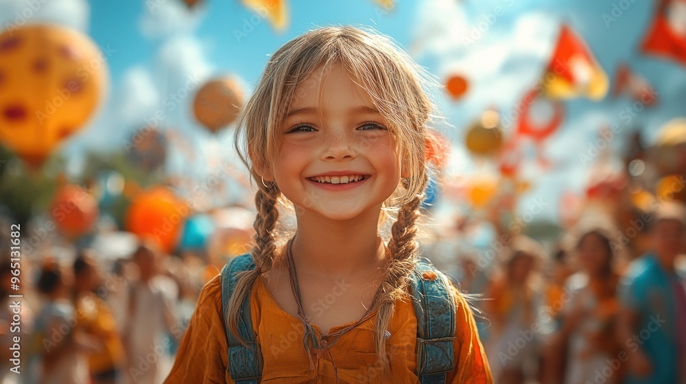 A joyful girl smiles amidst a festive celebration with balloons. A joyful girl smiles amidst a festive celebration with balloons.