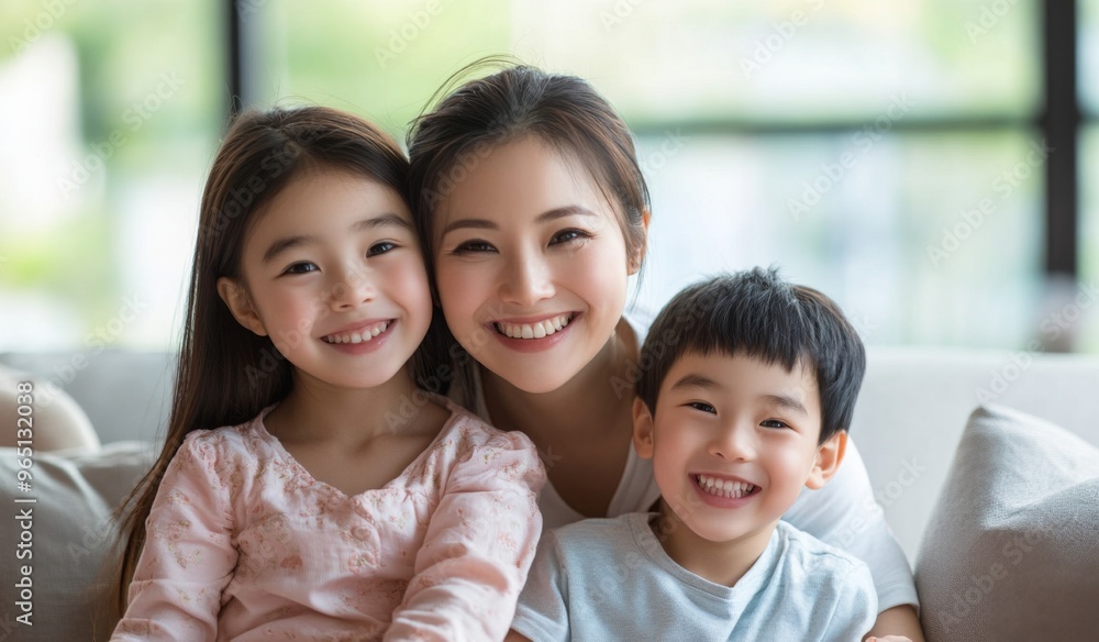 A happy Chinese family with two children sitting on the sofa at home, laughing and playing together in the living room. High-quality, realistic photograph. A happy Chinese family with two children sitting on the sofa at home, laughing and playing together in the living room. High-quality, realistic photograph.