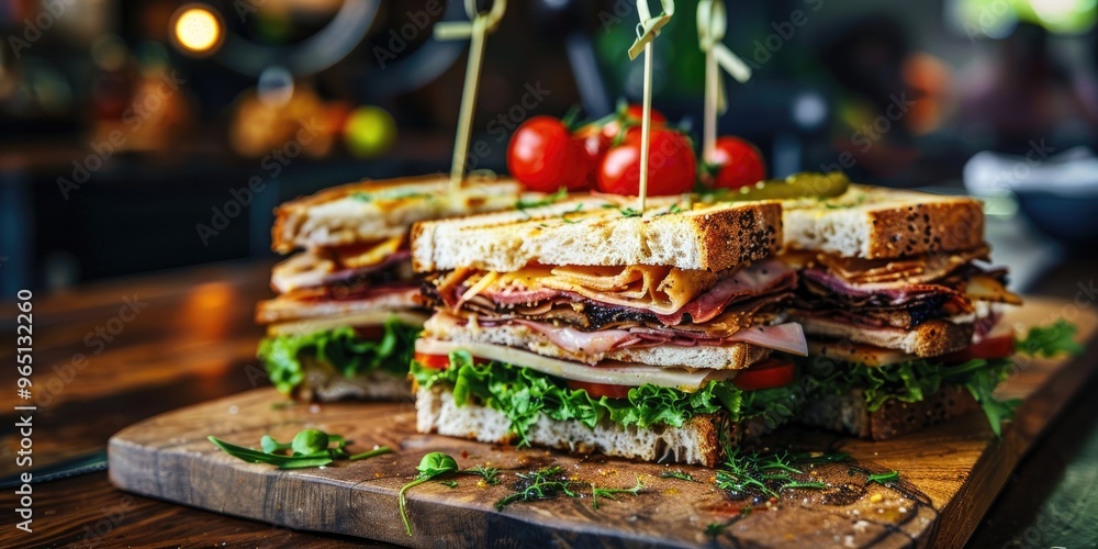 Club sandwiches arranged on a weathered wooden surface Club sandwiches arranged on a weathered wooden surface