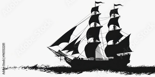 Silhouette of a classic sailing ship gliding through calm waters on a minimalistic white background