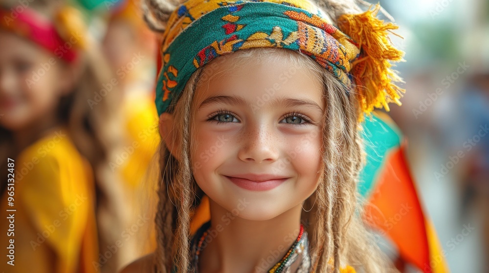 A smiling girl with dreadlocks and a colorful headband in a festive setting. A smiling girl with dreadlocks and a colorful headband in a festive setting.