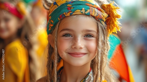 A smiling girl with dreadlocks and a colorful headband in a festive setting.